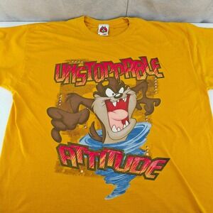 Looney Tunes Taz T-Shirt Mens XL Yellow Graphic Unstoppable Attitude Vintage Y2K